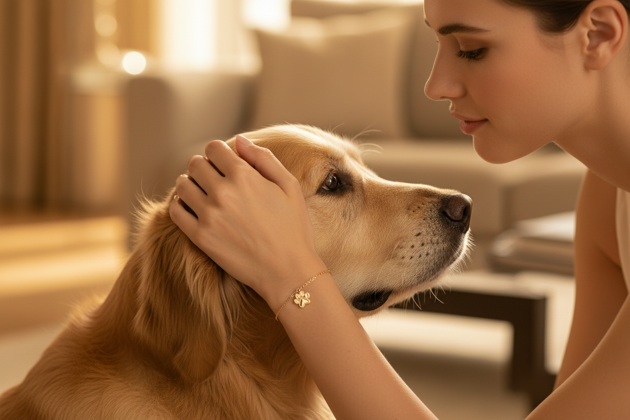 Donna con bracciale zampa oro e il suo cane